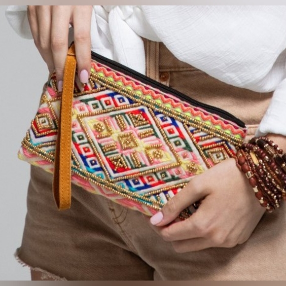 Handmade Hand Beaded Wristlet Clutch - Ethnic Inspired Design - Dyed Fine Cotton - Picture 6 of 8